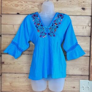 Turquoise Blue Embroidered Floral Peasant Blouse Boho Lace Up Bell Sleeve Top